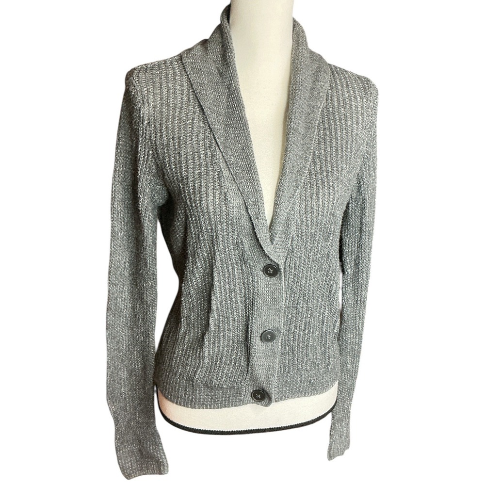 American Eagle Grey Cardigan Women Medium Shawl Collar Marled Knit Button Front